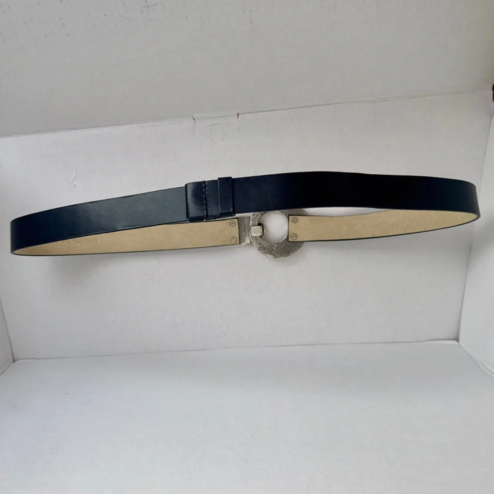 Chico’s Black Leather Slouch Belt Hammered Metal M/L